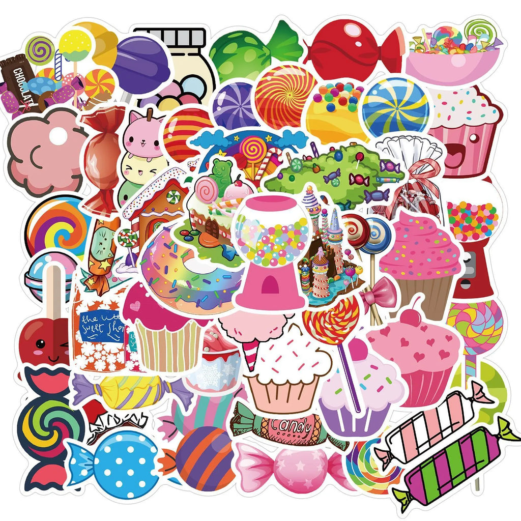 Fifty colourful candy graffiti adhesive stickers with cartoon and cute patterns measuring 4-6cm