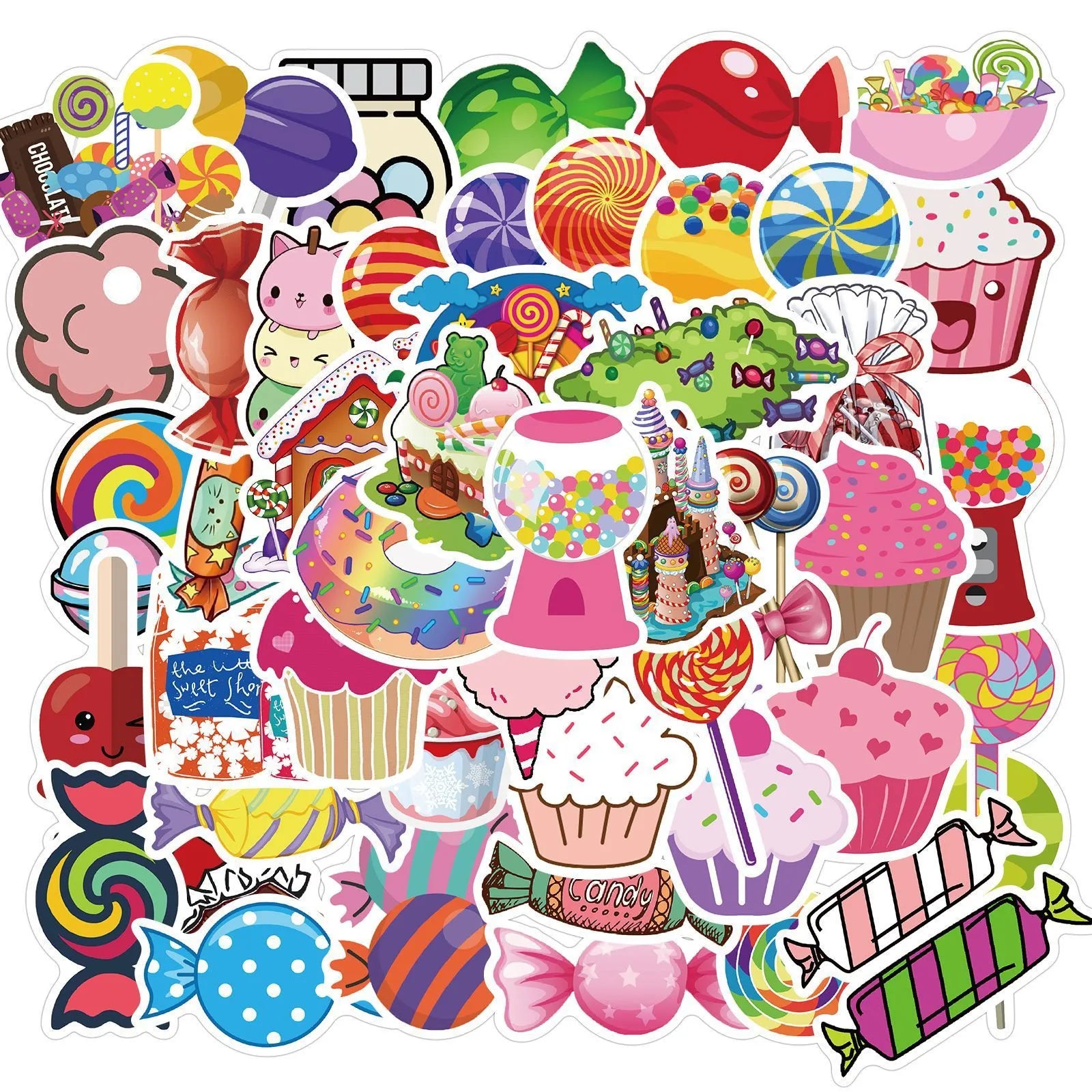 Fifty colourful candy graffiti adhesive stickers with cartoon and cute patterns measuring 4-6cm