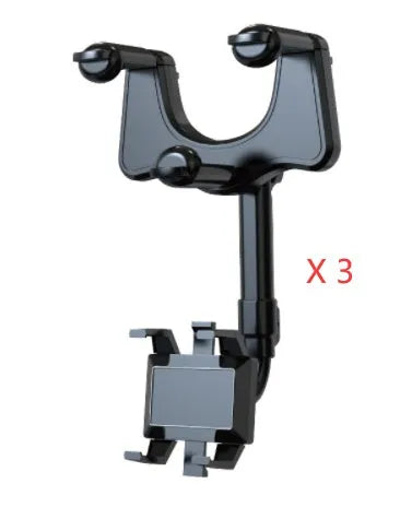 Black rearview mirror phone holder with rotating head and telescopic arm mounted on a car mirror.