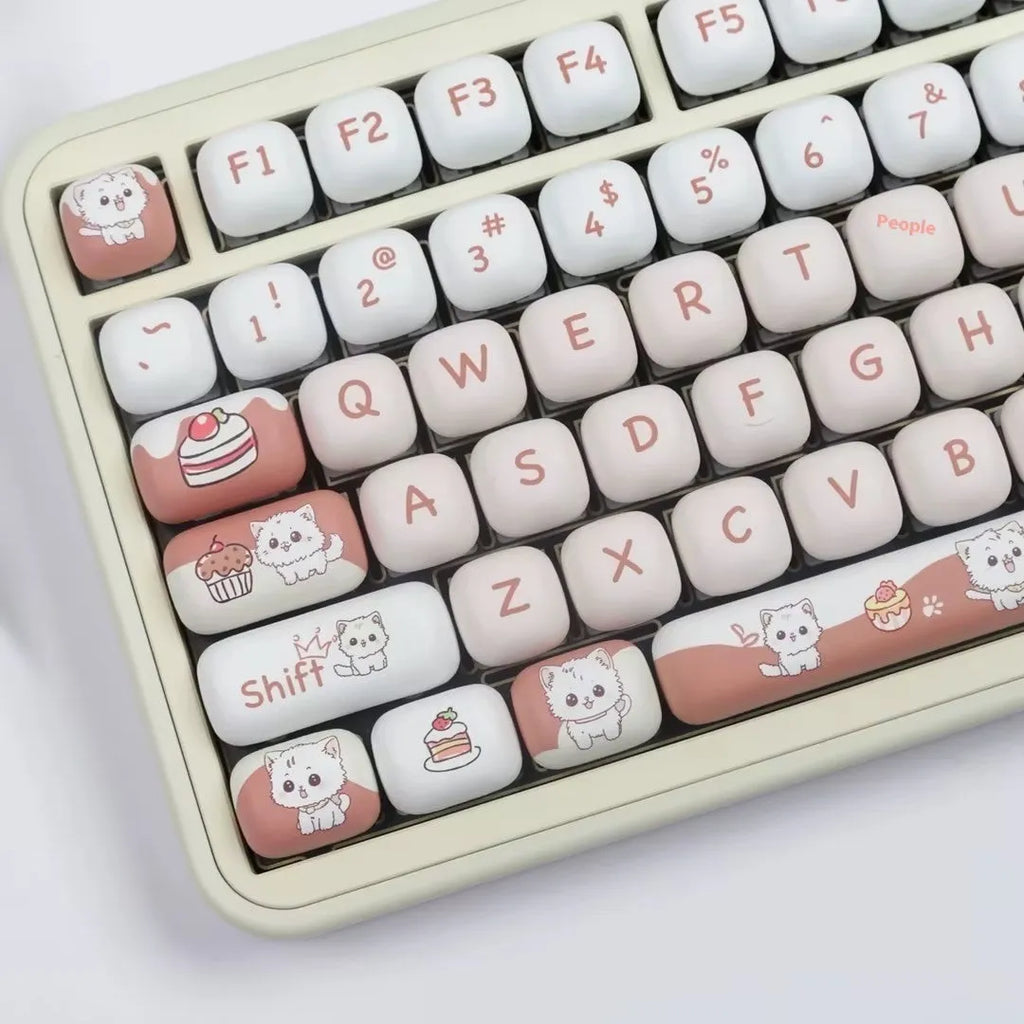 Dessert Cat MOG round sublimation key cap set for mechanical keyboards, shown in cartoon anime design.