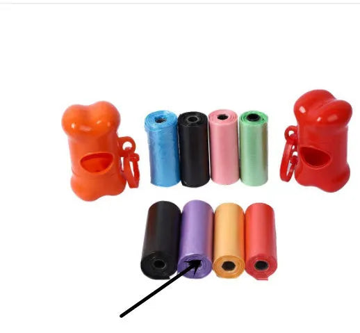 Roll of multi-coloured dog waste bags showing black, blue, green, and pink examples