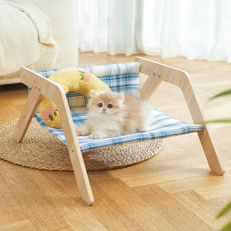 Wooden frame elevated cat hammock bed with cloth cover in blue colour