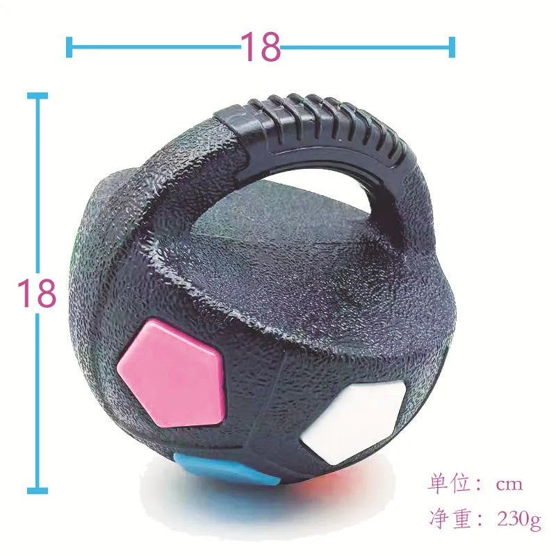 Football tennis ball shaped dog toy in black with squeaker for fetch and teething relief