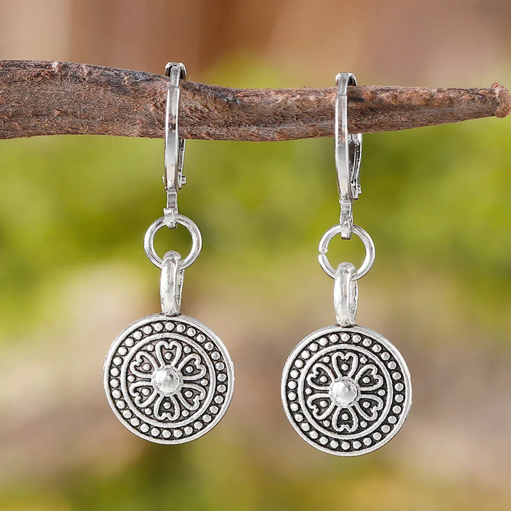 Bohemian retro geometric round earrings with distressed ethnic design in zinc alloy with electroplated finish