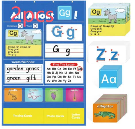 Alphabet learning sleeve table chart with a large set of educational cards for home use.