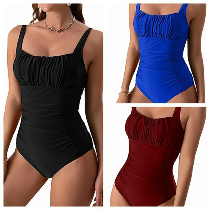 Square neck one-piece swimsuit in solid colour with pleated design for women summer beach vacation