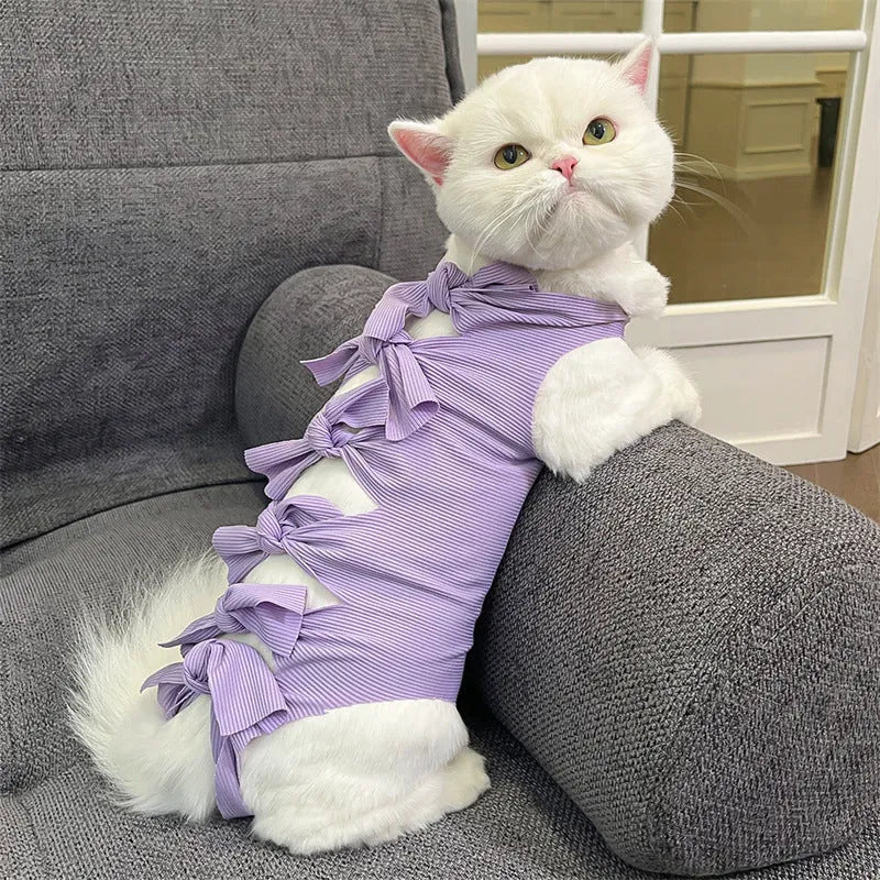 Lace-up cat sterilisation recovery suit in polyester shown in multiple colours with adjustable closure