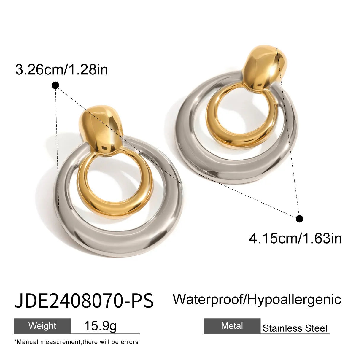 A pair of round gold-coloured geometric stud earrings with a double-layer hollow design.