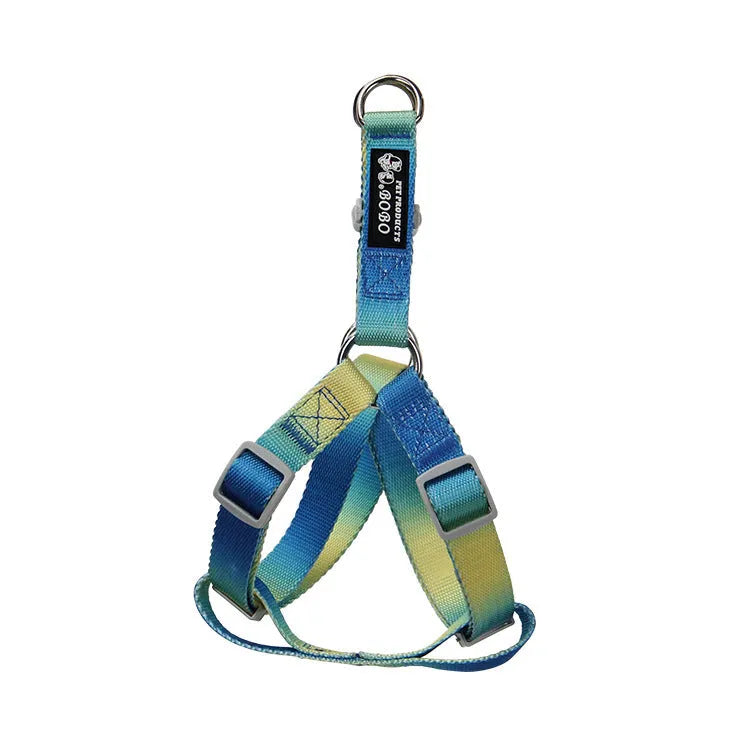 Nylon dog leash set with collar and harness in a pink and blue gradient colour.