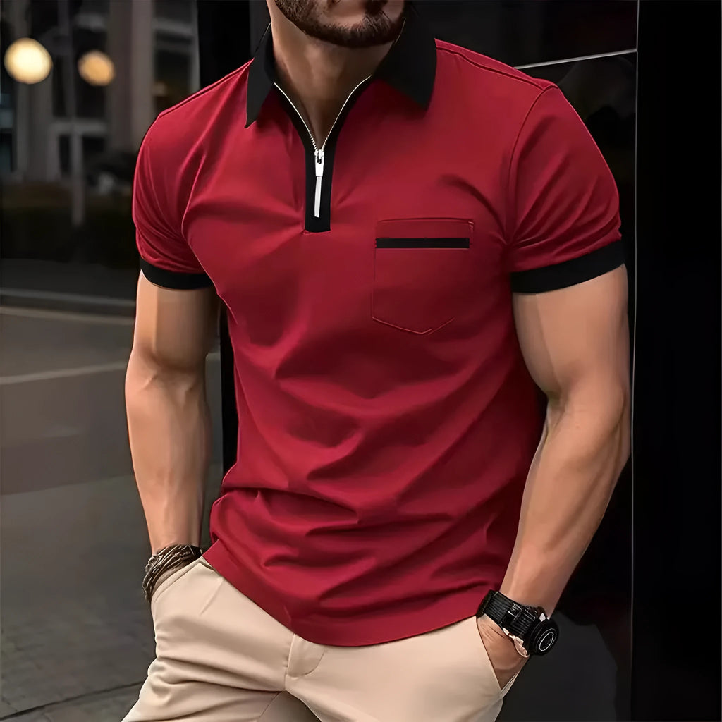 Men's loose fit short sleeve casual shirt with chest pocket and decorative zip details in colour combination options