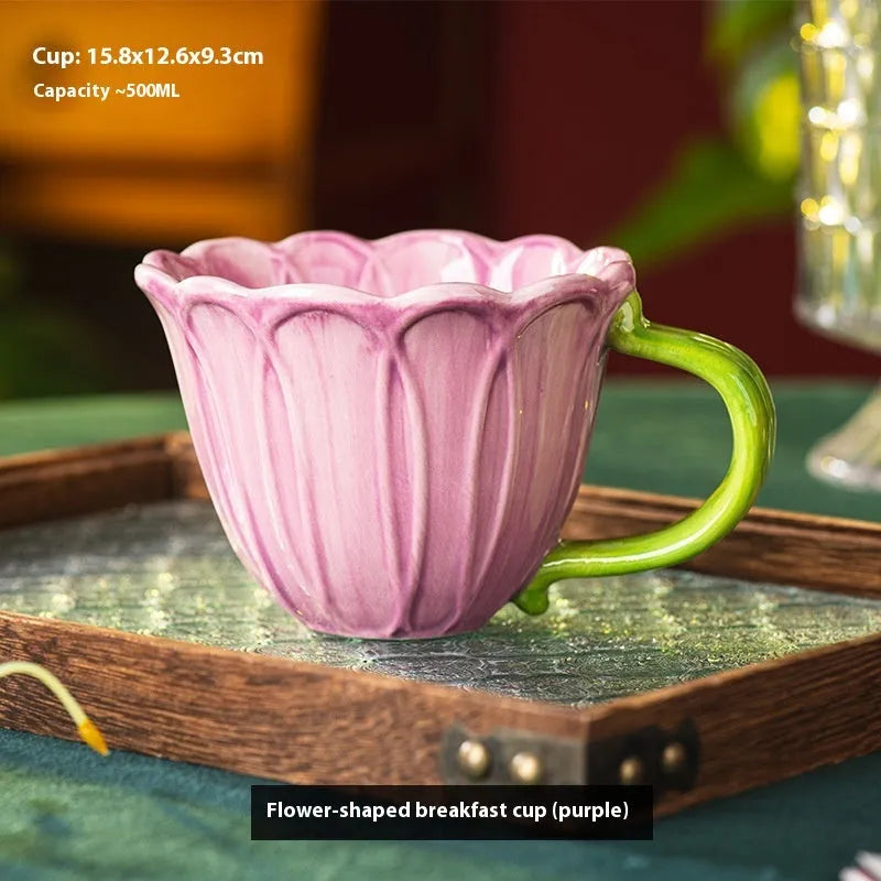 Red and purple ceramic breakfast cups with floral pastoral patterns, 500ml capacity.
