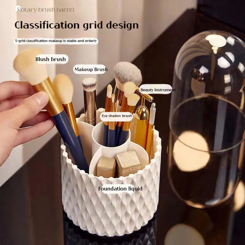 White rotating transparent makeup brush storage tube with dust cover lid on desktop