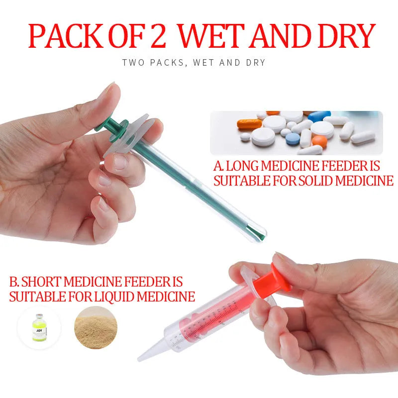Two silica gel pet pill shooters for cats and dogs, showing soft tip and push rod.
