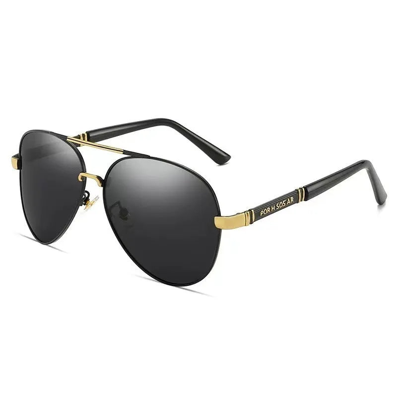 Men's metal frame sunglasses with polarised or colour-changing lenses in black, gold, or silver finishes