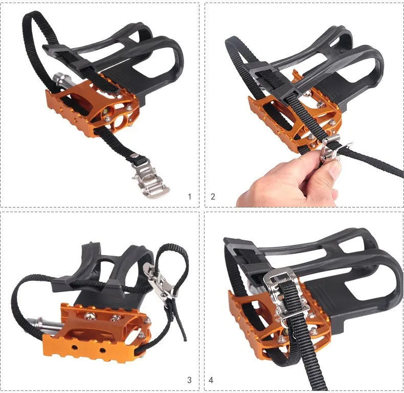 Pair of plastic spinning pedal foot holder covers with lashing straps and metal bolts on a black background