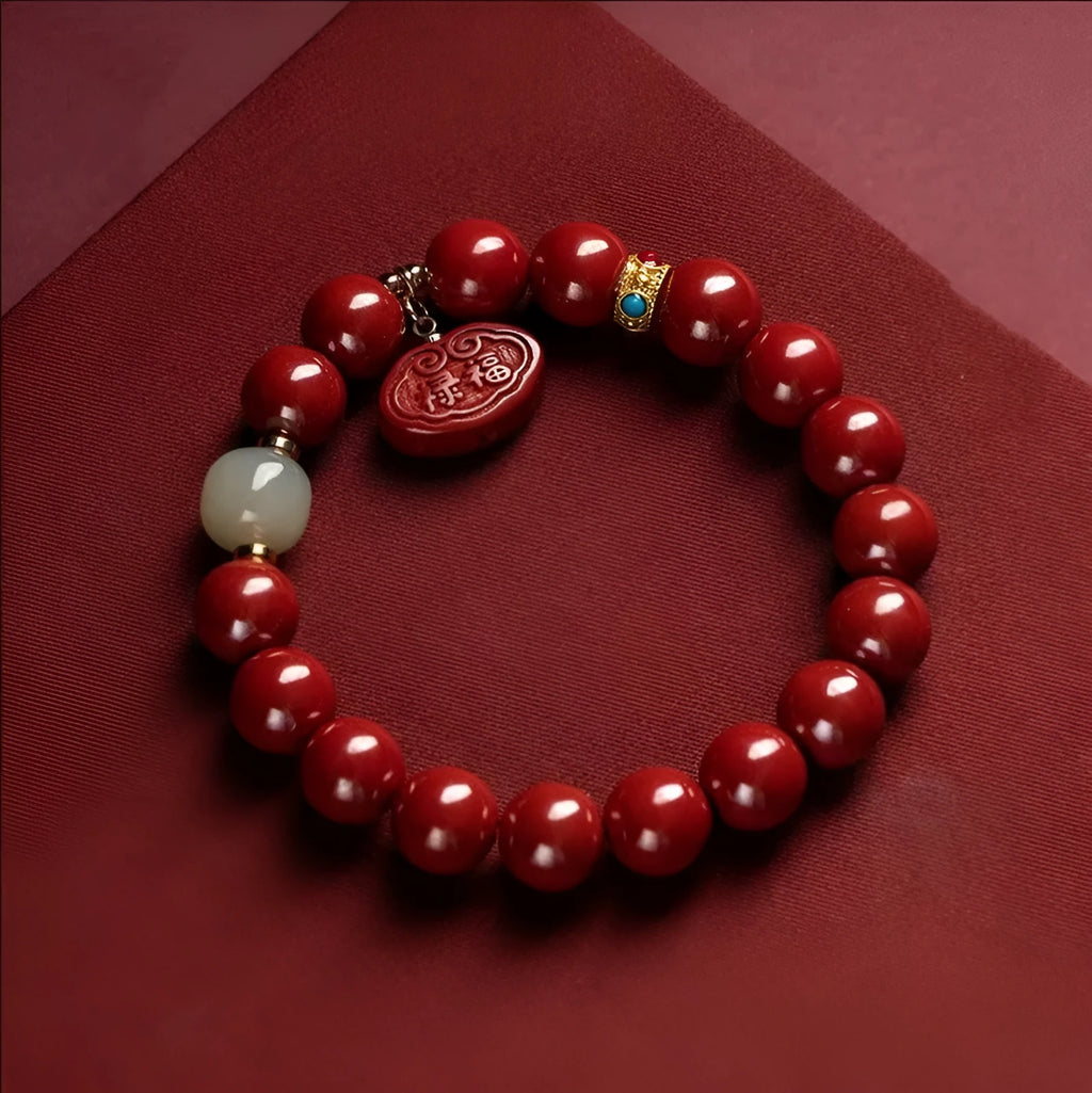 Natural cinnabar bracelet with emperor sandstone Ping An Fu Lu design in 8mm and 10mm sizes
