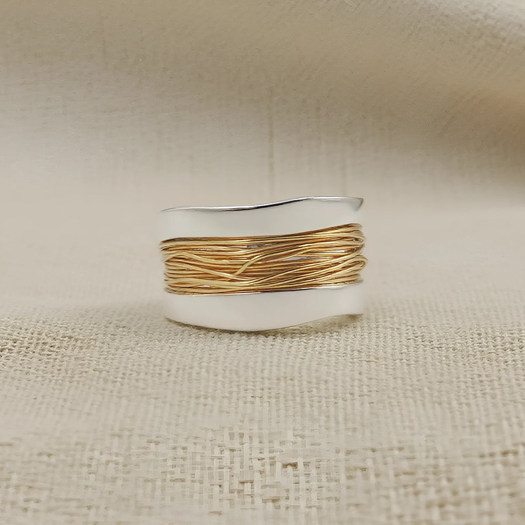 Hand-wound real copper wire wide surface bracelet in two-tone geometric design, electroplated finish