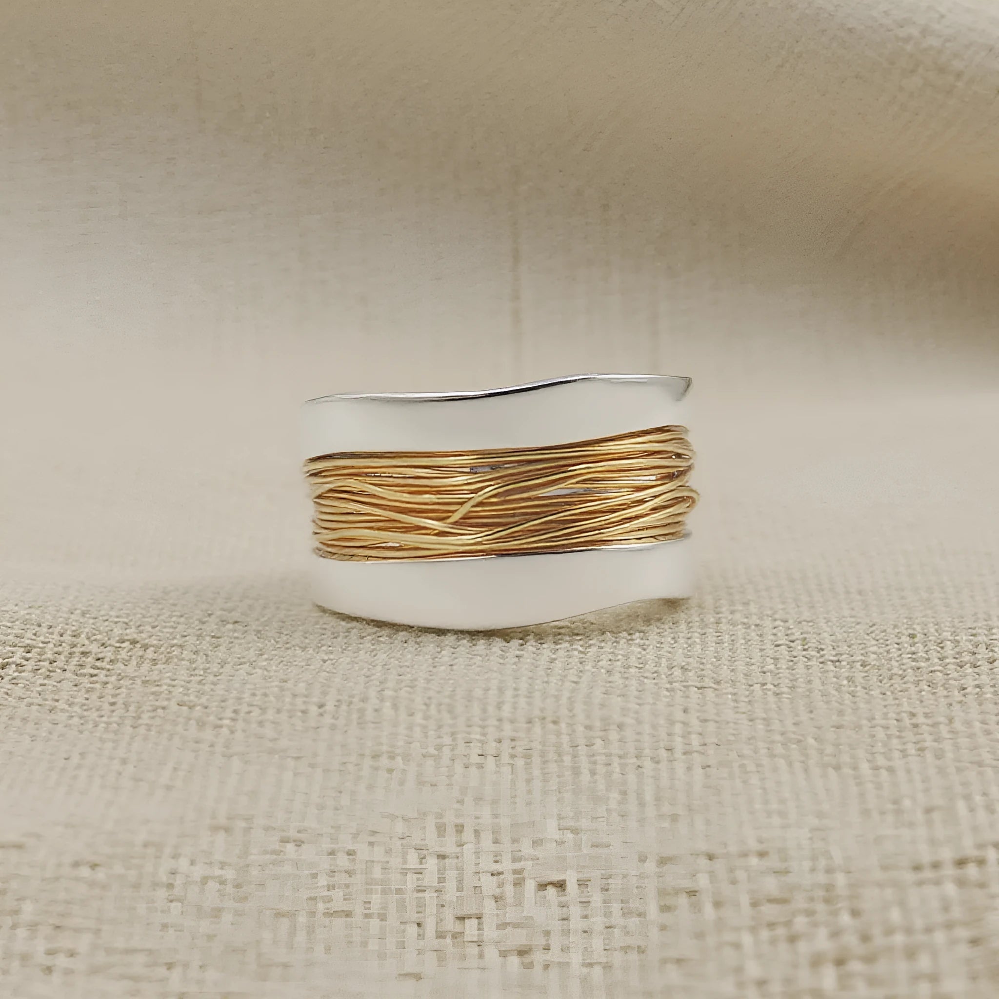 Hand-wound real copper wire wide surface bracelet in two-tone geometric design, electroplated finish
