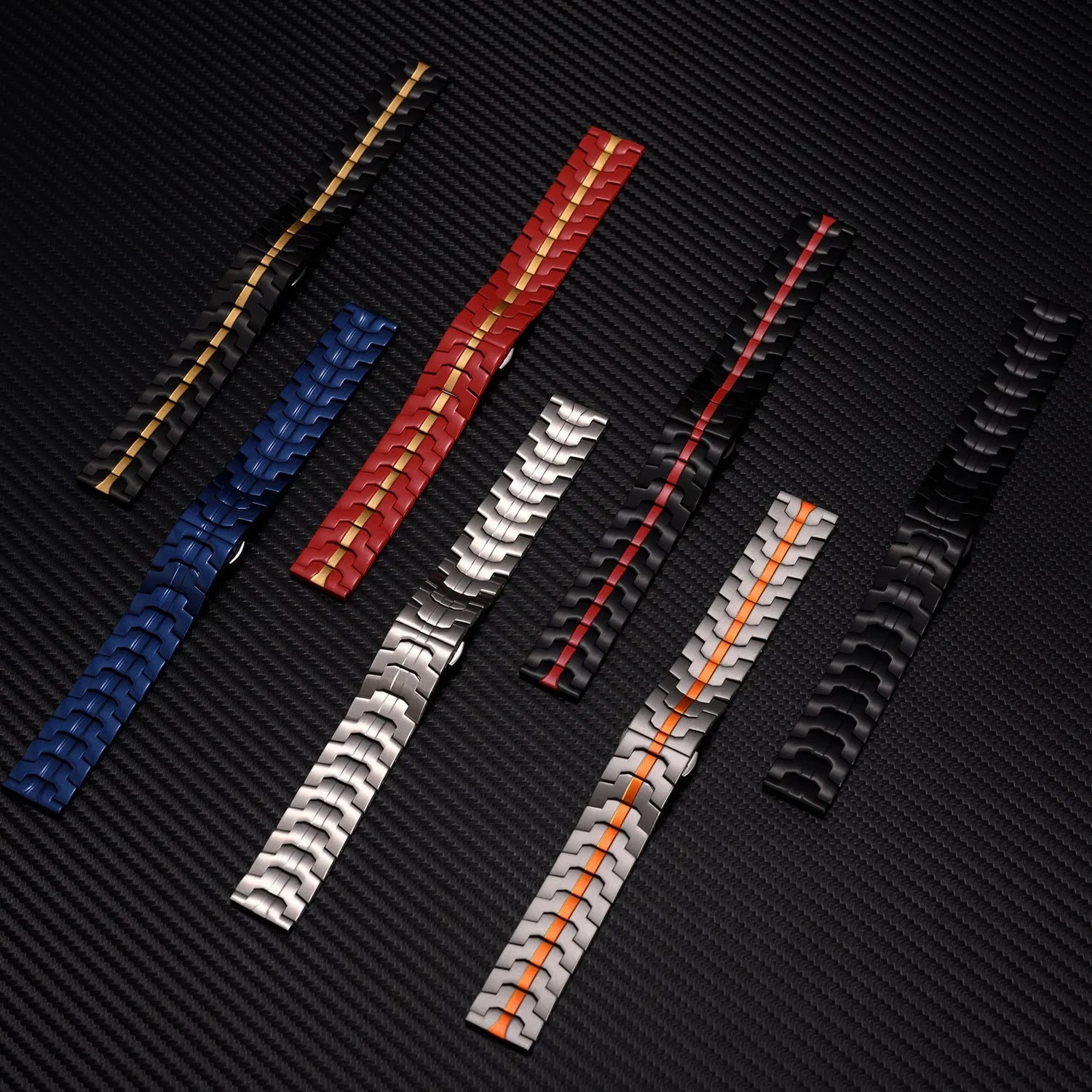 Stainless steel watch band for Samsung Galaxy Watch showing silver and black colour options
