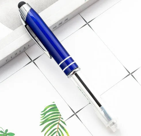 Metal multifunctional stylus pen with capacitive tip, ballpoint pen, and LED light in multiple colour options