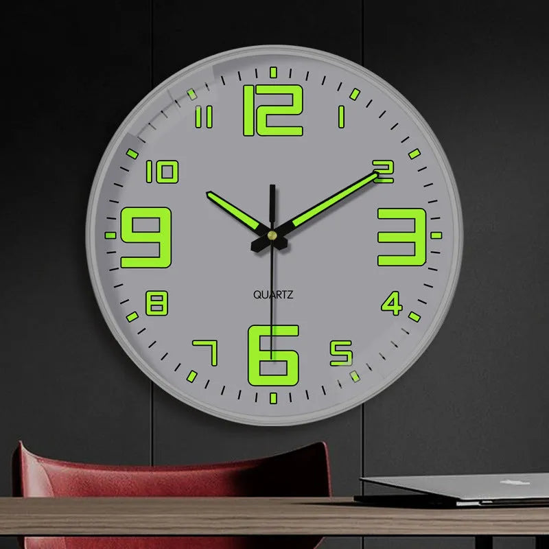 Modern 8 inch luminous wall clock with plastic shell, shown in available colours.