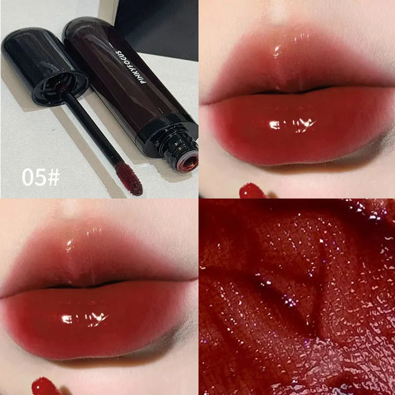 Black shiny Mirror Lip Lacquer makeup product showcasing six colour shades from the Black Citrus series.