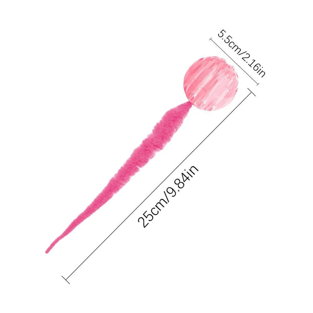 Interactive cat ball toy with worm tail attachment in green, pink, or purple colours