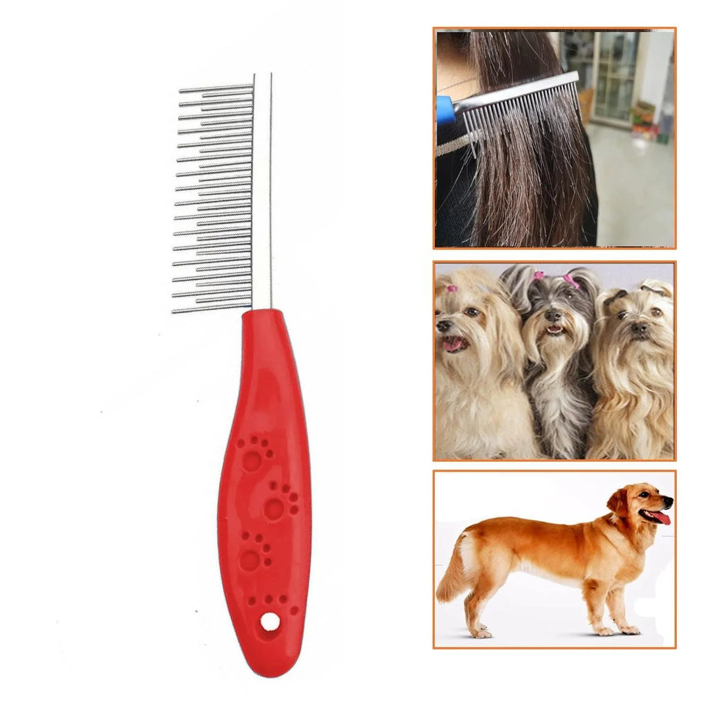 Red pet grooming comb with stainless steel short and long teeth for dematting dogs cats horses