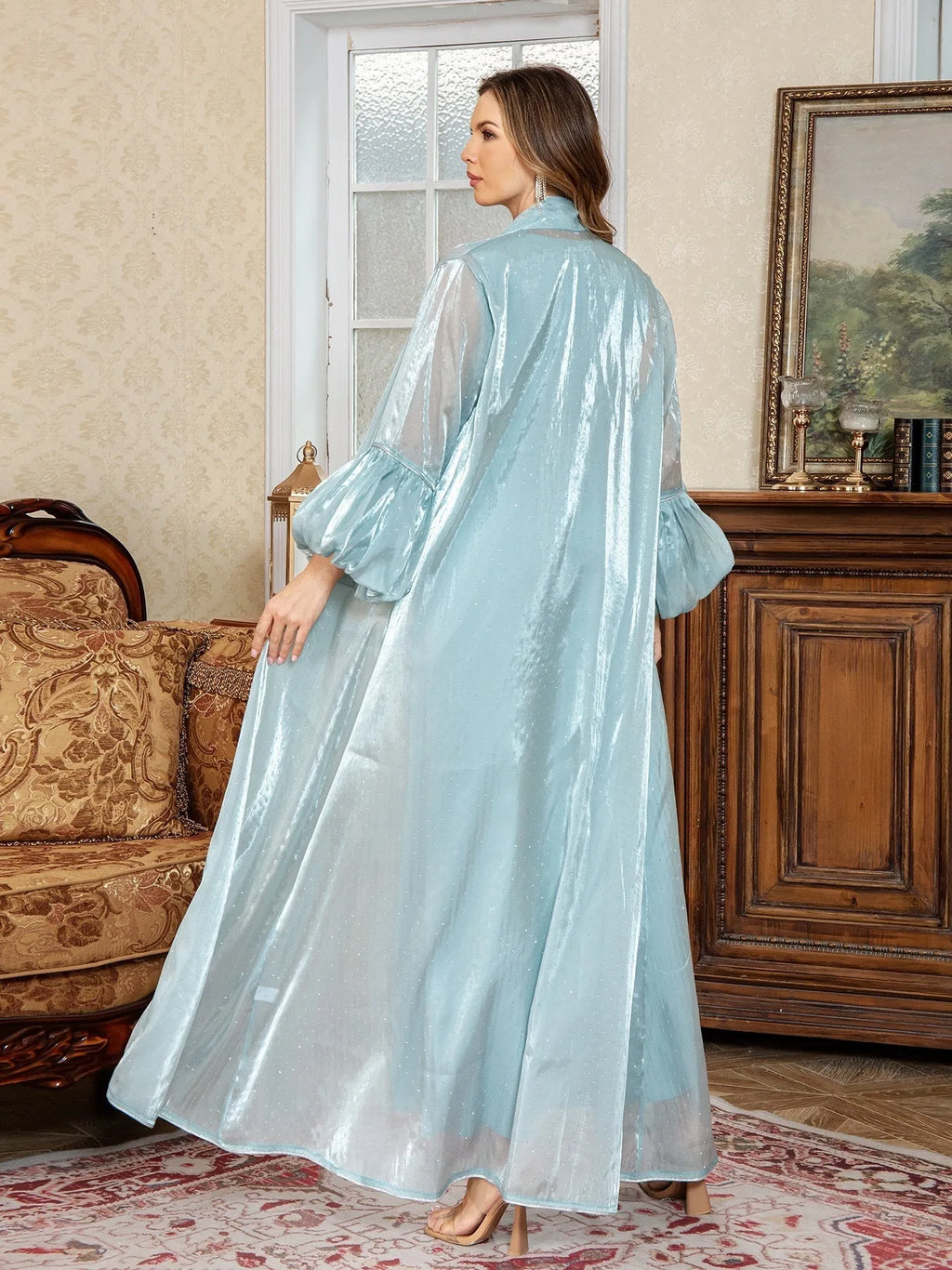 Dubai Arabic two-piece dress set in blue with rhinestone straps and long sleeves