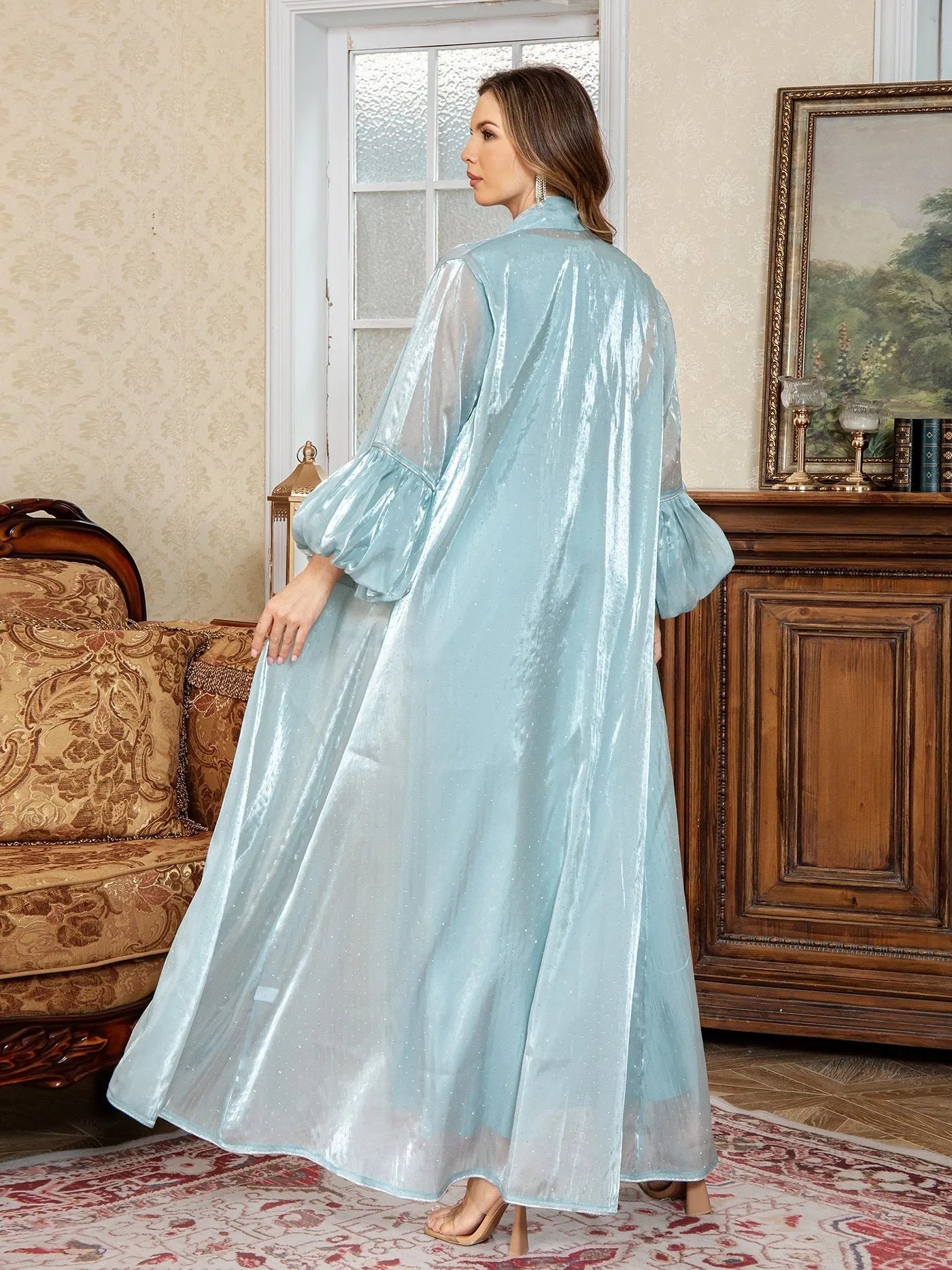 Dubai Arabic two-piece dress set in blue with rhinestone straps and long sleeves