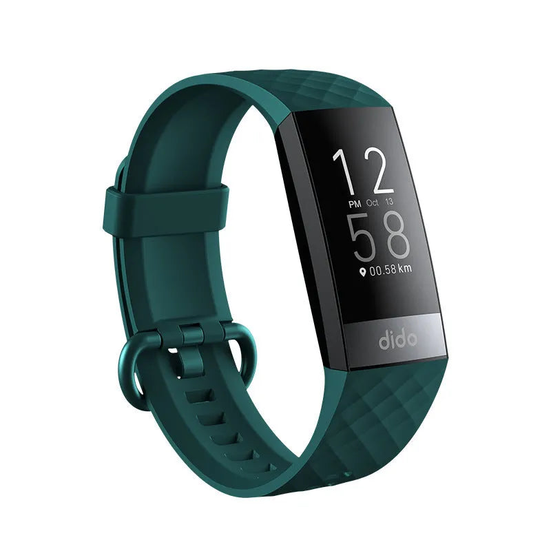 Y6 Black smart bracelet with health monitoring on a wrist, showing the 1.1-inch touchscreen.