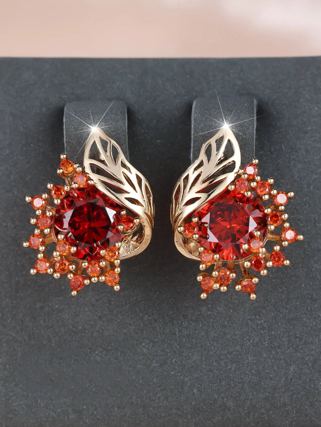 Round floral feather zircon earrings in rose gold with coloured diamond options