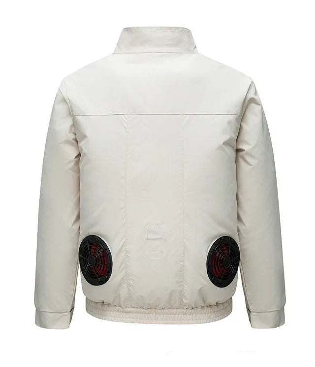 Black smart cooling work jacket with multiple ventilation holes for a personal fan unit.