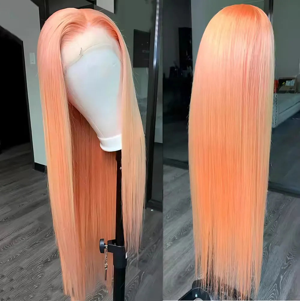 Light orange long straight lace front synthetic wig with side bangs on a mannequin head
