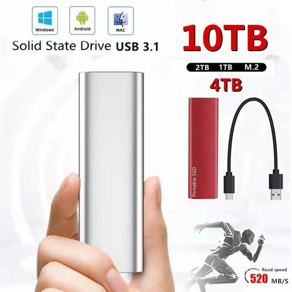 Ultra-thin metal external solid state drive (SSD) in red, black, blue, or silver, showing high-capacity portable storage.