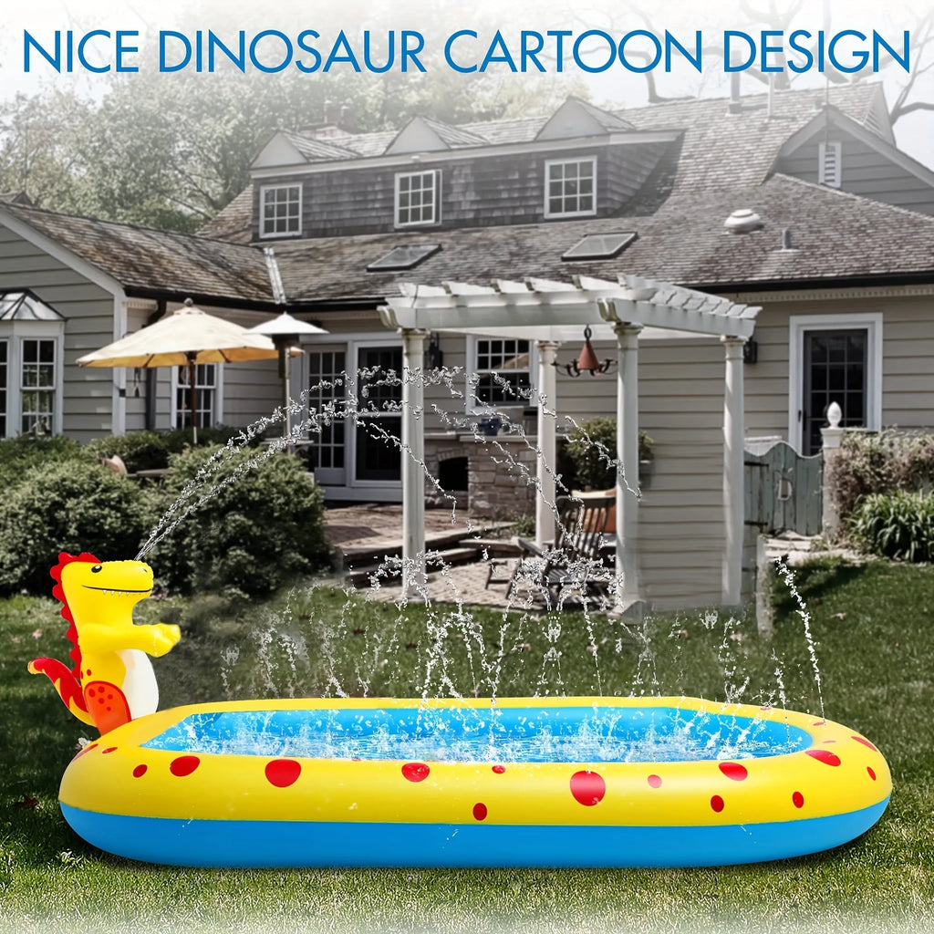Blue dinosaur inflatable water spray pool with shark design play mat and spray toys
