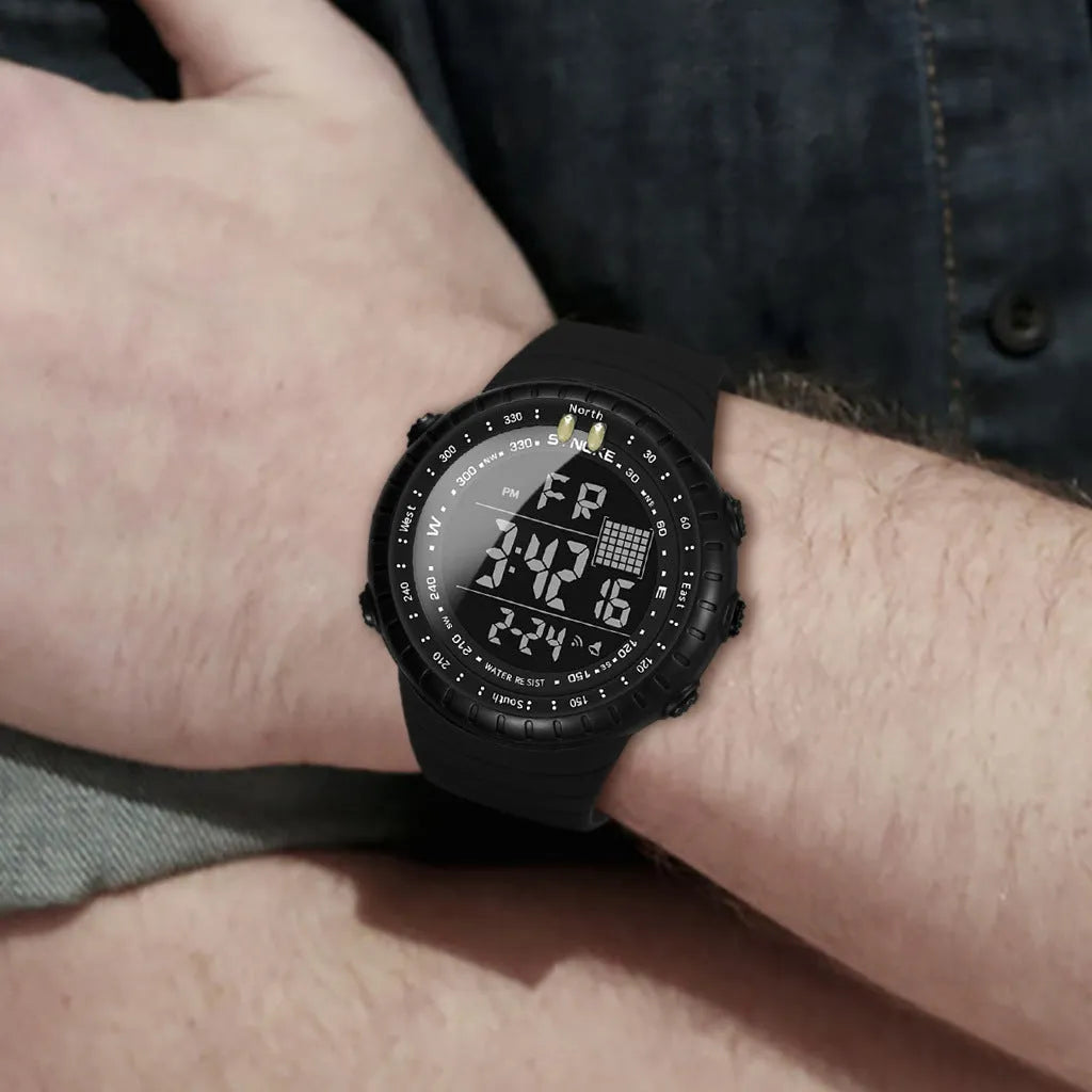 Black men's waterproof digital watch with large 54.74mm dial and WR50M water resistance rating