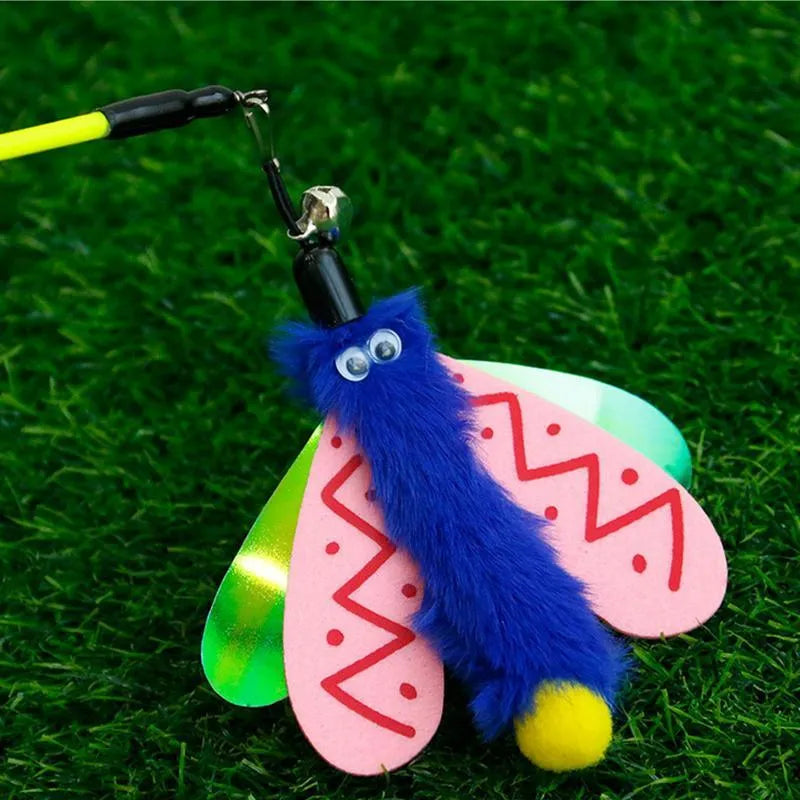 Blue cat wand toy with a dragonfly-shaped attachment and bell on a 49cm stick