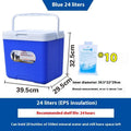 Blue portable insulated car cooler box with aluminium foil construction.