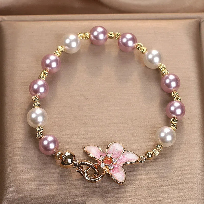 New Chinese style wisteria flower imitation pearl bracelet for women in pink colour, sweet light luxury design