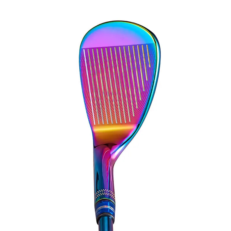 Forged golf wedge with blue electroplated head and CNC groove pattern on striking face