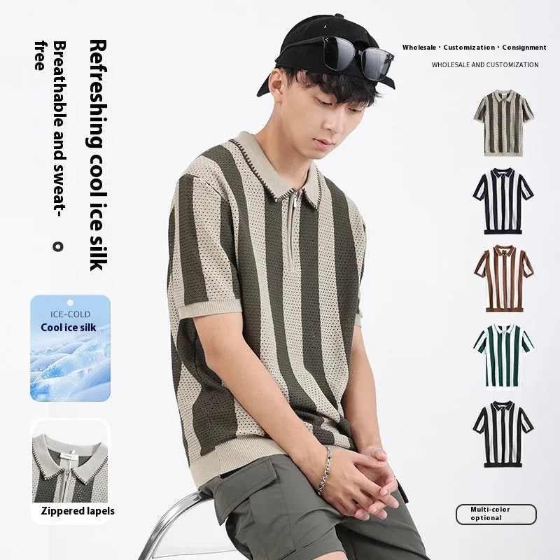Men's black and white striped short sleeve ice silk sweater with a decorative zip.
