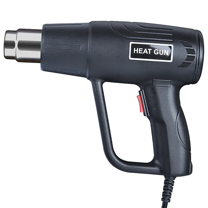 Black industrial 2000W hot air gun with grid air outlet and two-gear switch for temperature control.