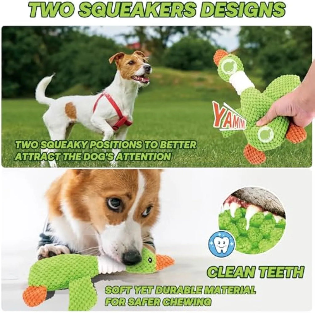 Blue duck-shaped plush dog toy with squeakers measuring 33cm long