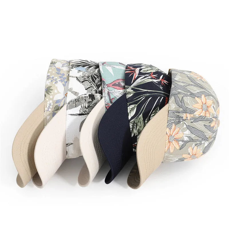 Women's cotton baseball cap with flower print in khaki colour on a white background