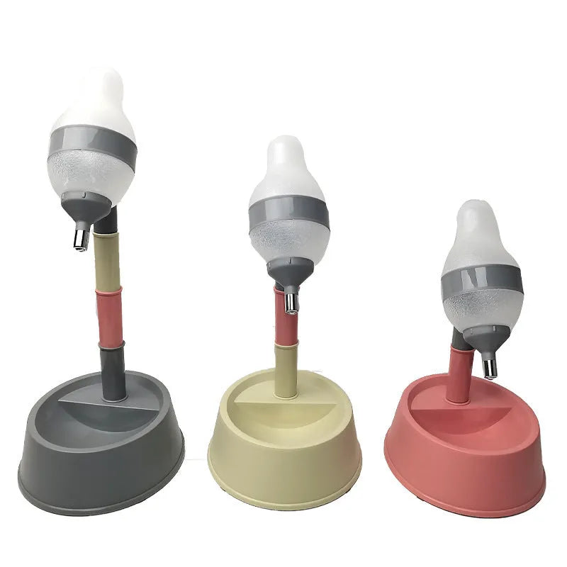 Adjustable height pet water dispenser in green, grey, or pink with detachable pole and steel drinking nozzle