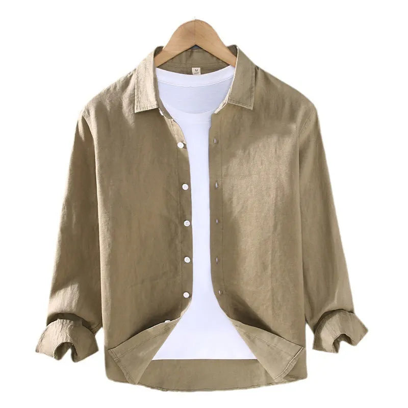 Men's pure linen long sleeve shirt in cardigan style, shown in a solid colour.