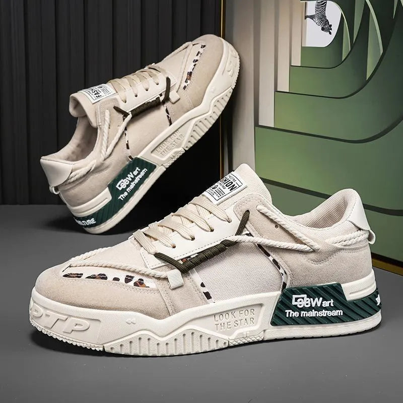 Men's thick-soled canvas sneakers in beige green with rubber sole and visible sewing thread