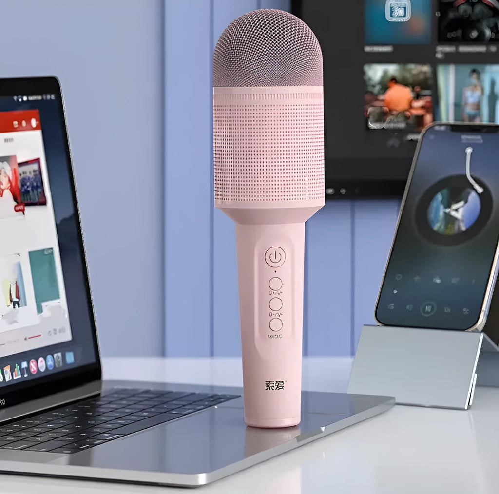 Wireless Bluetooth karaoke microphone in pink, blue, or green colour options