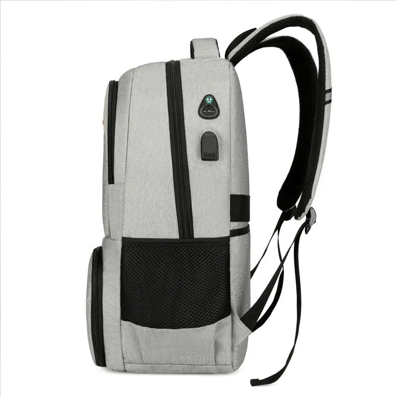 Light grey insulated Oxford cloth backpack with curved shoulder straps and pull-rod belt accessory